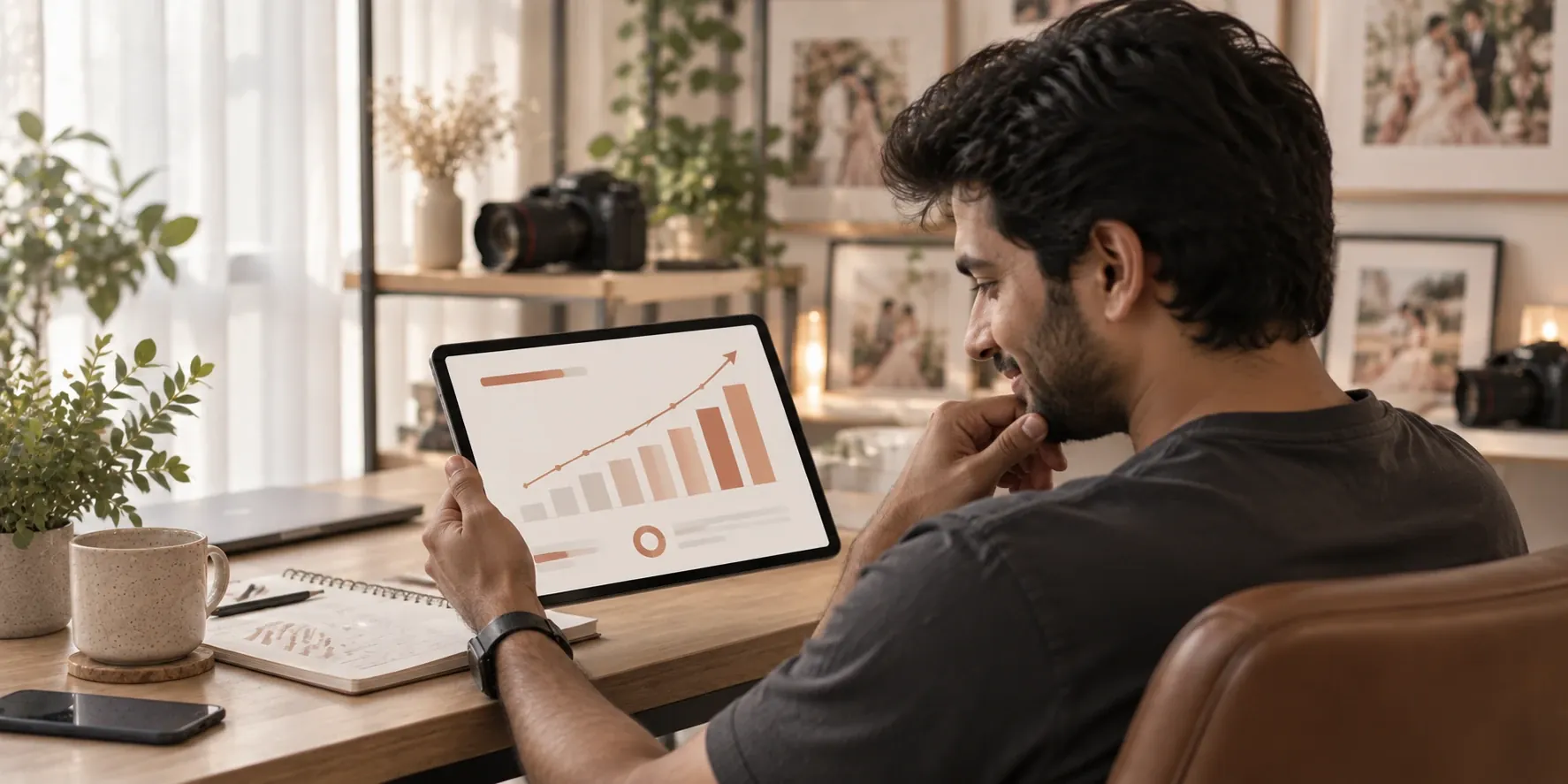 A photographer reviews a monthly income chart on a tablet